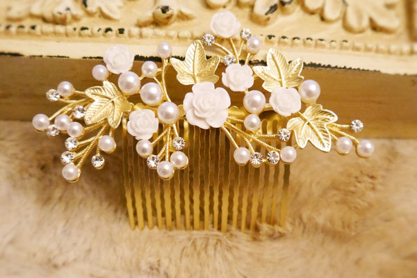 Gold Wedding Bridal Hair Accessory Rose Pearl Hair Combs Home-coming Bride Maid