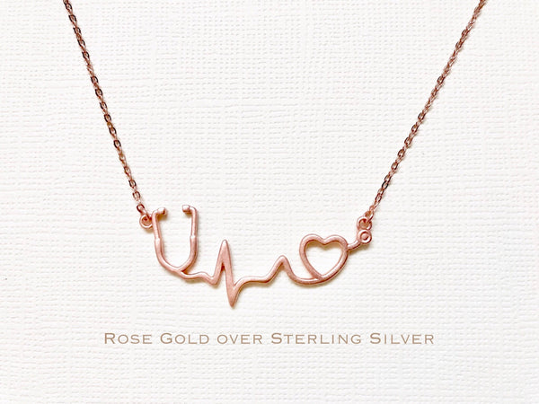 Rose Gold over Sterling Silver stethoscope necklace, heartbeat necklace, EKG necklace, medical gift, nurse necklace, nurse gift