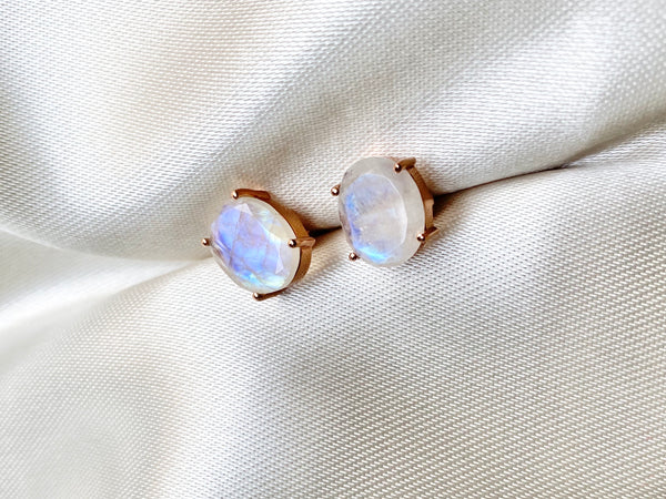 Oval Rainbow Moonstone earrings, Moonstone studs